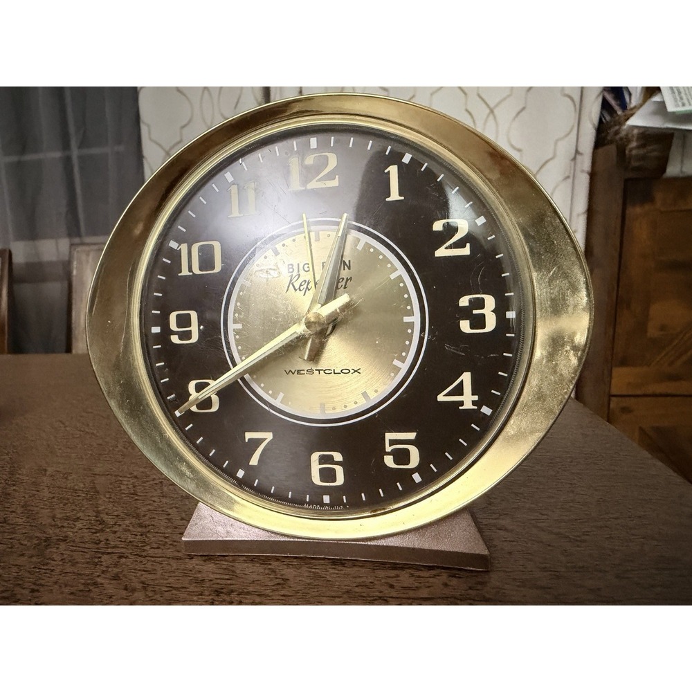 Vintage Westclox Big Ben Repeater Alarm Clock Brass Tone Black Gold Works USA